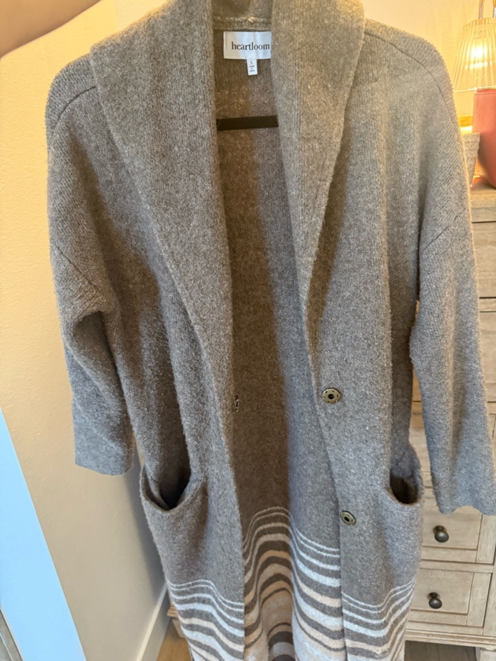 Heartloom Gray Shawl Collar Long Coatigan with Striped Hem
